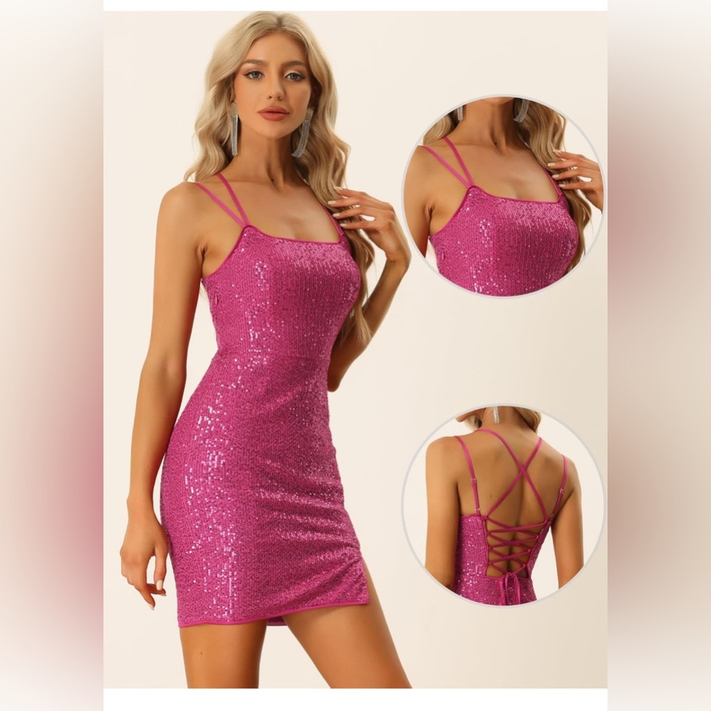 Allegra K Pink Sequin Strappy Backless Dress